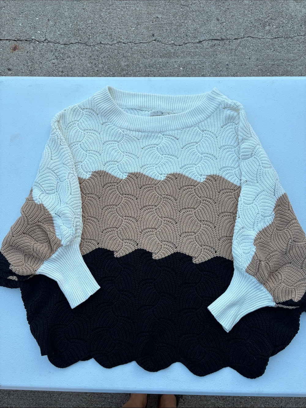 Impressions Colorblock Textured Crewneck Sweater - White, Tan & Black